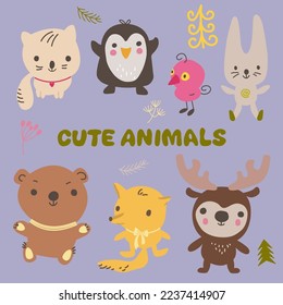 Set of hand drawn kawaii style cute animal. Doodle isolated illustration with animals. Baby shower, birthday, children's party