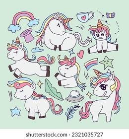 set of hand drawn kawaii unicorn cartoon isolated on white background. children illustration