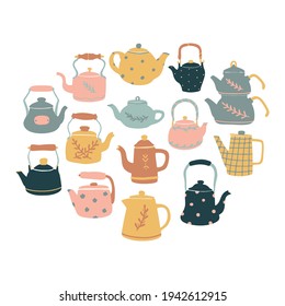 set of hand drawn kettles and tea pots isolated on white background for stickers, prints, clip art, logos, signs, cards, etc. EPS 10