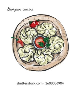 Set of Hand drawn Khinkali dumplings on plate