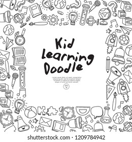 Set of hand drawn kid learning doodles shaped in square : Vector Illustration