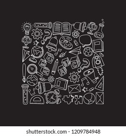Set of hand drawn kid learning doodles shaped in square : Vector Illustration