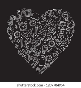 Set of hand drawn kid learning doodles shaped in heart : Vector Illustration