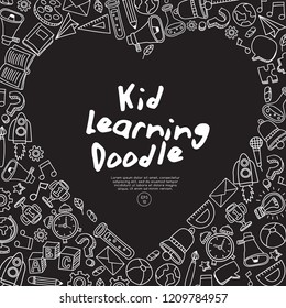 Set of hand drawn kid learning doodles shaped in heart : Vector Illustration