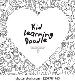 Set of hand drawn kid learning doodles shaped in heart : Vector Illustration