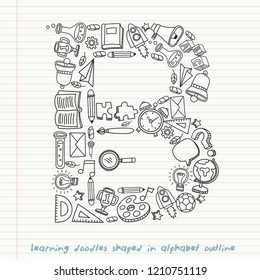 Set of hand drawn kid learning doodles shaped in alphabet : Vector Illustration