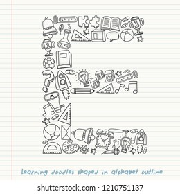 Set of hand drawn kid learning doodles shaped in alphabet : Vector Illustration