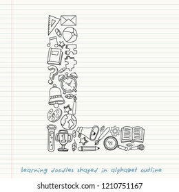 Set of hand drawn kid learning doodles shaped in alphabet : Vector Illustration
