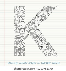 Set of hand drawn kid learning doodles shaped in alphabet : Vector Illustration
