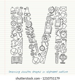 Set of hand drawn kid learning doodles shaped in alphabet : Vector Illustration