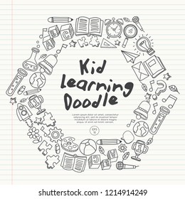 Set of hand drawn kid learning doodles shaped in hexagon : Vector Illustration