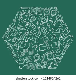 Set of hand drawn kid learning doodles shaped in hexagon : Vector Illustration