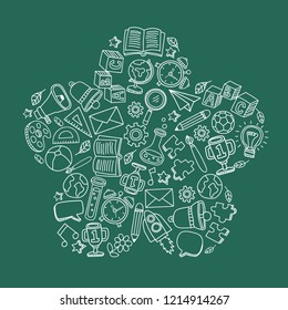 Set of hand drawn kid learning doodles shaped in flower : Vector Illustration