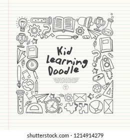 Set of hand drawn kid learning doodles shaped in square : Vector Illustration