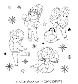 Niños dibujados a mano jugando al aire libre en invierno. Juego de doodle en vectorial sobre fondo blanco con copos de nieve.