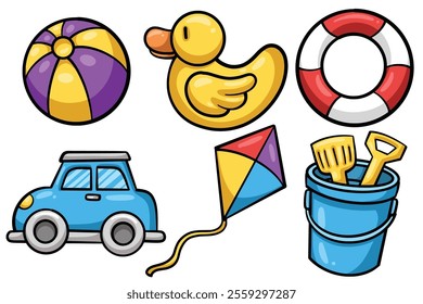 Set of Hand drawn kids toys element. collection of ball, duck, lifebuoy, car, kite, sand bucket Isolated Vector