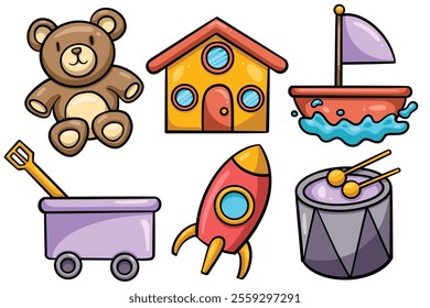 Set of Hand drawn kids toys element. collection of teddy bear, house, boat, sand car, rocket, drum Isolated Vector