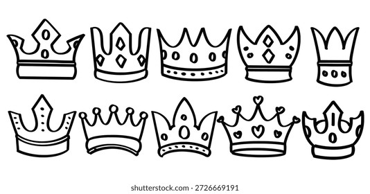 Conjunto de la mano dibujado King Crown tema Vector aislado