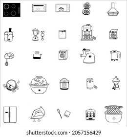 set of hand drawn kitchen appliances. juicer,rice cooker, electric kettle,stove, coffee grinder, toaster, coffee maker, coffee machine, hand mixer, steamer, dish washer, washing machine.