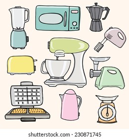 Set of hand drawn kitchen appliances.