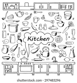 Set hand drawn kitchen doodles. Vector illustration for backgrounds, web design, design elements, textile prints, covers