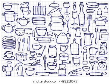 Set hand drawn kitchen doodles. Coloring page. Sketch of kitchen objects and equipment on squared paper