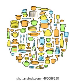 Set hand drawn kitchen doodles. Circle colorful page. Sketch of kitchen objects and equipment