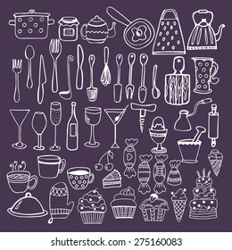 Set of hand drawn kitchen equipments. Kitchen utensils collection