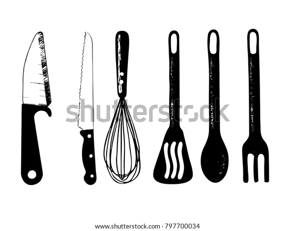 Set Hand Drawn Kitchen Objects Isolated Stock Vector (Royalty Free ...