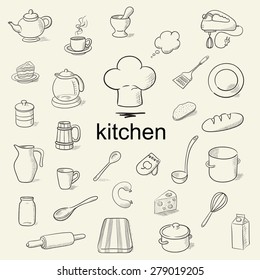 A Set Of Hand Drawn Kitchen Tools. Vector Illustration.