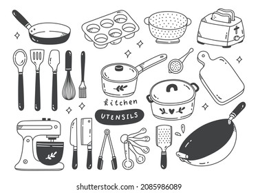 Conjunto de doodle utensil de cocina dibujado a mano