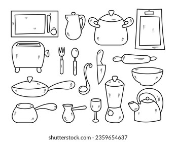 Set of Hand Drawn Kitchen Utensils, Vector Doodle Elements