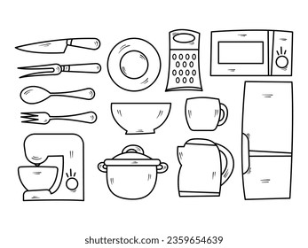 Conjunto de utensilios de cocina dibujados a mano, elementos de doodle vectores