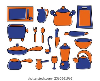 Juego de utensilios de cocina dibujados a mano Iconos de dibujos animados, elementos de doodle vectores