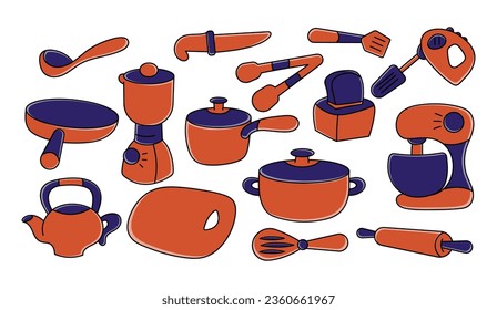 Set of Hand Drawn Kitchen Utensils Cartoon Icons, Vector Doodle Elements