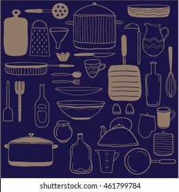 Set of hand drawn kitchen utensils icons. Vector doodle objects. Sketch and craft background.clip art for design.