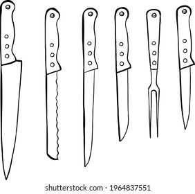 Juego de cuchillos dibujados a mano, ilustraciones vectoriales en blanco y negro