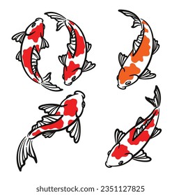 Set of hand drawn koi fish illustration. Koi carp line art collection