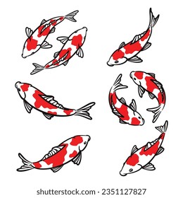 Set of hand drawn koi fish illustration. Koi carp line art collection