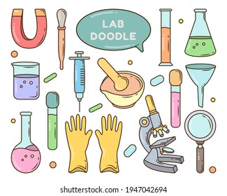 Set of hand drawn lab equipment cartoon doodle design