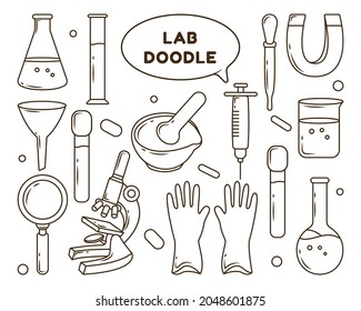 Set of hand drawn lab equipment cartoon doodle design coloring