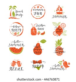 Set of hand drawn labels and badges stickers of summer with hand lettering. Perfect for summer holiday, travel and vacation, restaurant and bar, menu,  beach vacation and party. Vector illustrations.