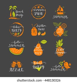 Set of hand drawn labels and badges stickers of summer with hand lettering. Perfect for summer holiday, travel and vacation, restaurant and bar, menu, beach vacation and party. Vector illustrations.