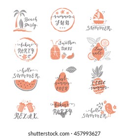 Set of hand drawn labels and badges stickers of summer with hand lettering. Perfect for summer holiday, travel and vacation, restaurant and bar, menu, beach vacation and party. Vector illustrations.