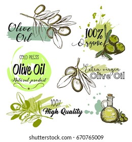 Set of hand drawn labels and signs of olive oil. Vector illustrations for olive oil labels, packaging design.