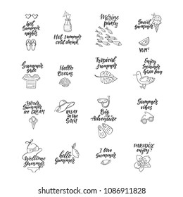 Set of hand drawn labels, stickers of summer with hand lettering. Perfect for summer holiday, travel and vacation, restaurant and bar, menu, sea and sun, beach vacation and party. Vector illustrations