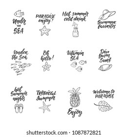 Set of hand drawn labels, stickers of summer with hand lettering. Perfect for summer holiday, travel and vacation, restaurant and bar, menu, sea and sun, beach vacation and party. Vector illustrations