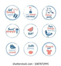 Set of hand drawn labels, stickers of summer with hand lettering. Perfect for summer holiday, travel and vacation, restaurant and bar, menu, sea and sun, beach vacation and party. Vector illustrations