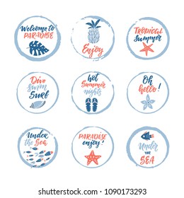 Set of hand drawn labels, stickers of summer with hand lettering. Perfect for summer holiday, travel and vacation, restaurant and bar, menu, sea and sun, beach vacation and party. Vector illustrations