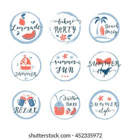 Set of hand drawn labels, stickers of summer with hand lettering. Perfect for summer holiday, travel and vacation, restaurant and bar, menu, sea and sun, beach vacation and party. Vector illustrations